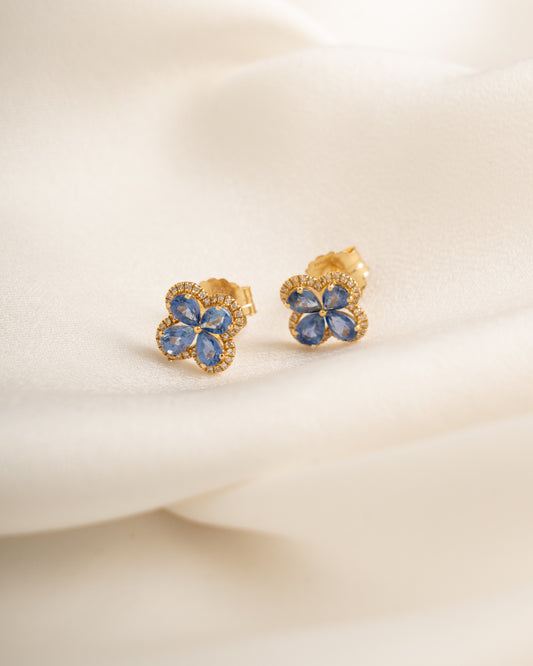 Aretes Flor Oro 18K con Zafiros y Brillantes