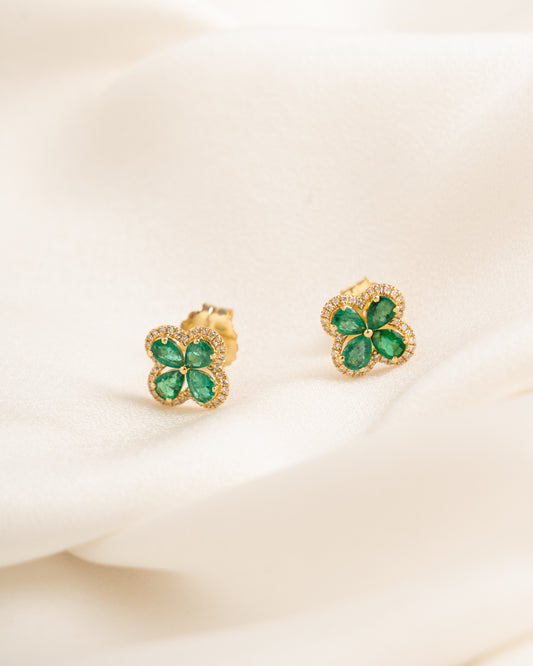 Aretes Flor Oro 18K con Esmeraldas y Brillantes