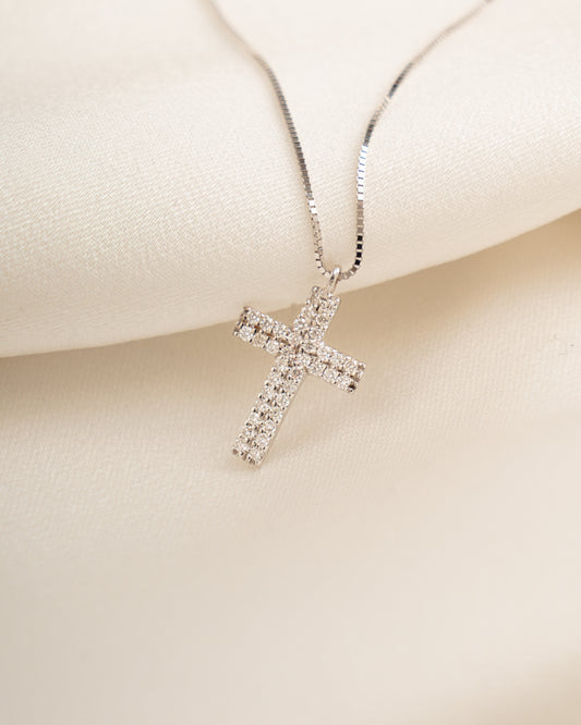 Dije Cruz Oro Blanco 18K + Cadena Oro Blanco 18K 45cm