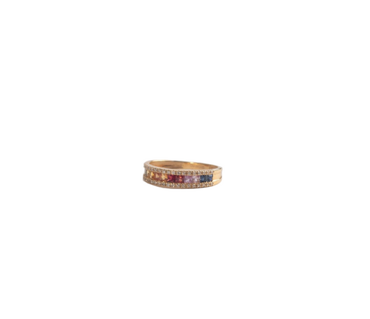 Anillo Rainbow Oro Amarillo 18K con Zafiros de Colores y Brillantes