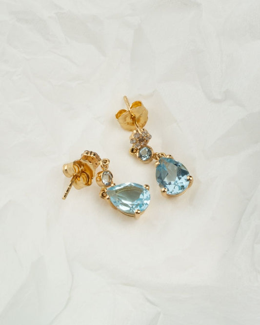 Aretes Oro 18K con Topacio Azul y Brillantes 0.14 cts